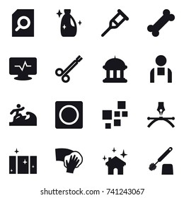 16 vector icon set : search document, cleanser, goverment house, surfer, ring button, clean  window, wiping, house cleaning, toilet brush