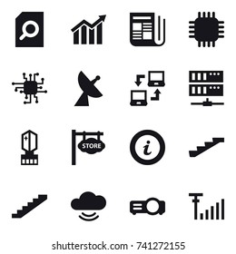 16 vector icon set : search document, diagram, newspaper, chip, satellite antenna, notebook connect, server, crystall  memory, store signboard, info, stairs