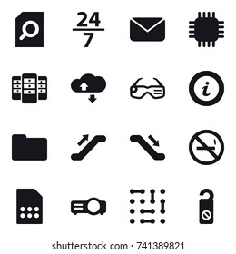 16 vector icon set : search document, 24/7, mail, chip, server, cloude service, smart glasses, info, escalator, no smoking, do not distrub