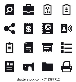 16 vector icon set : search document, portfolio, report, clipboard, share, receipt, annual report, pass card, account balance, atm receipt, list, slum