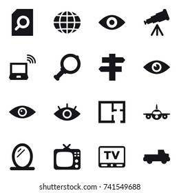 16 vector icon set : search document, globe, eye, telescope, notebook wireless, magnifier, singlepost, plan, mirror, tv, pickup