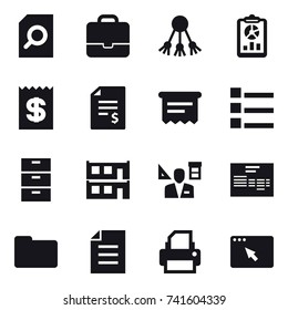16 vector icon set : search document, portfolio, share, report, receipt, account balance, atm receipt, list, modular house, architector