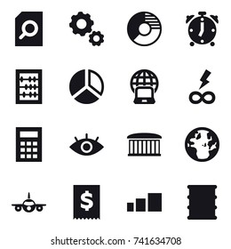 16 vector icon set : search document, gear, circle diagram, alarm clock, abacus, diagram, notebook globe, infinity power, calculator, airport building
