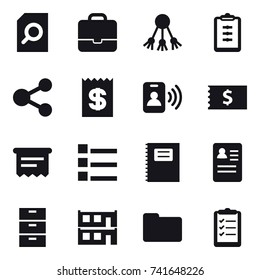 16 vector icon set : search document, portfolio, share, clipboard, receipt, pass card, atm receipt, list, copybook, modular house, clipboard list