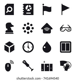 16 vector icon set : search document, annual report, flag, chess horse, round around, wireless home, smart glasses, 3d, watch, drop, power switch, clean  window, wiping