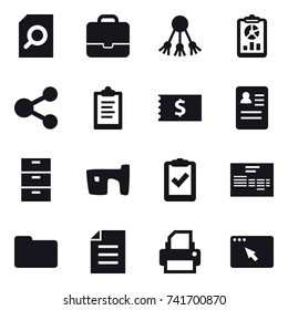 16 vector icon set : search document, portfolio, share, report, clipboard, receipt, slum