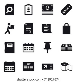 16 vector icon set : search document, clipboard, money, sale, courier, account balance, shopping list, shopping bag, copybook, calendar, ticket, toilet paper
