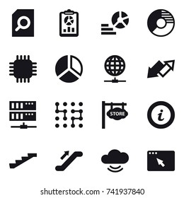 16 vector icon set : search document, report, diagram, circle diagram, chip, globe connect, up down arrow, server, store signboard, info, stairs, escalator