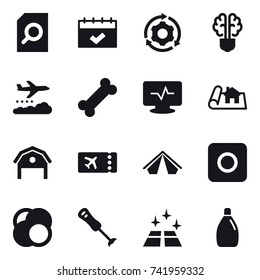 16 vector icon set : search document, calendar, around gear, bulb brain, weather management, project, barn, ticket, tent, ring button, clean floor, cleanser
