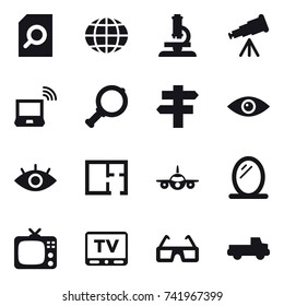 16 vector icon set : search document, globe, microscope, telescope, notebook wireless, magnifier, singlepost, plan, mirror, tv, pickup