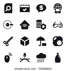16 vector icon set : search document, calendar, money message, notebook globe, cell corection, wireless home, virtual mining, smart glasses, 3d, rain cloud, cleanser