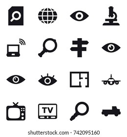 16 vector icon set : search document, globe, eye, microscope, notebook wireless, magnifier, singlepost, plan, tv, pickup 16 vector icon set : search document, globe, eye, microscope, notebook wireless, magnifier, singlepost, plan, tv, pickup