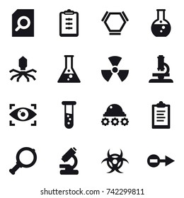 16 vector icon set : search document, clipboard, hex molecule, round flask, virus, flask, nuclear, microscope, eye identity, vial, lunar rover, magnifier