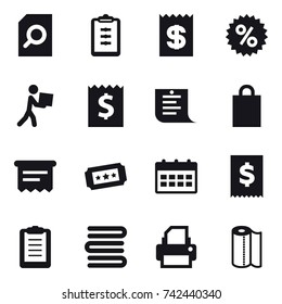 16 vector icon set : search document, clipboard, receipt, percent, courier, shopping list, shopping bag, atm receipt, ticket, calendar, towels, paper towel