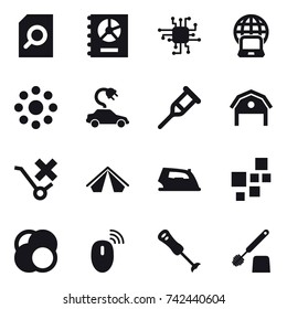 16 vector icon set : search document, annual report, chip, notebook globe, round around, electric car, barn, tent, iron, toilet brush
