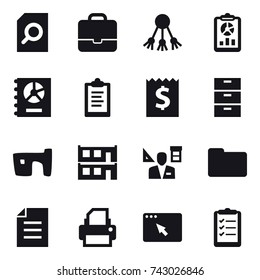 16 vector icon set : search document, portfolio, share, report, annual report, clipboard, receipt, slum, modular house, architector, clipboard list