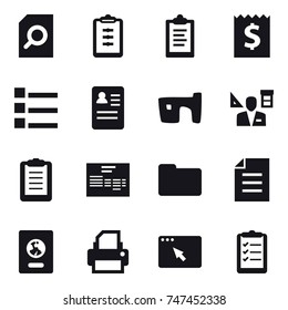 16 vector icon set : search document, clipboard, receipt, list, slum, architector, passport, clipboard list