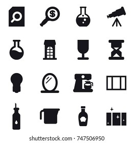 16 vector icon set : search document, dollar magnifier, round flask, telescope, building, bulb, mirror, coffee maker, window, measuring cup, clean  window