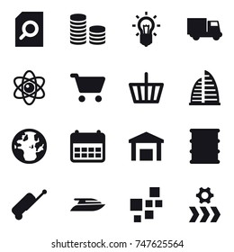 16 vector icon set : search document, coin stack, bulb, truck, atom, cart, basket, skyscraper, suitcase, yacht