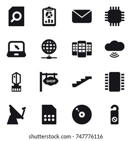 16 vector icon set : search document, report, mail, chip, notebook, globe connect, server, cloud wireless, crystall  memory, shop signboard, stairs, do not distrub