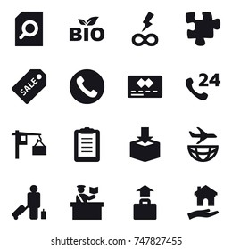 16 vector icon set : search document, bio, infinity power, puzzle, sale label, phone, passenger, inspector, baggage, housing