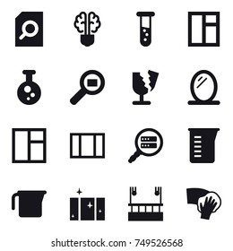 16 vector icon set : search document, bulb brain, vial, window, mirror, measuring cup, clean  window, skyscapers cleaning, wiping