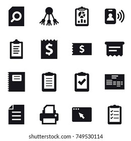 16 vector icon set : search document, share, report, pass card, clipboard, receipt, atm receipt, copybook, clipboard list