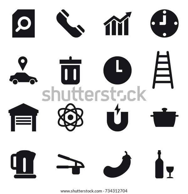 16 vector icon set : search document, phone,\
diagram, clock, car pointer, bin, stairs, garage, pan, kettle,\
garlic clasp, eggplant,\
wine