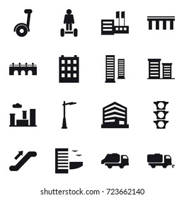 16 vector icon set : segway, hoverboard, store, bridge, bridge, building, skyscrapers, district, city, outdoor light, escalator, hotel, trash truck, sweeper