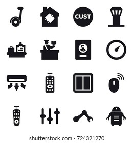 16 vector icon set : segway, smart house, airport tower, baggage checking, inspector, passport, barometer, air conditioning, remote control, power switch