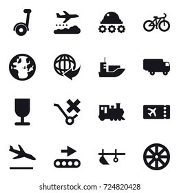 16 vector icon set : segway, weather management, lunar rover, bike, train, ticket, arrival, plow, wheel
