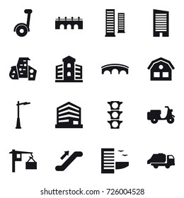 16 vector icon set : segway, bridge, skyscrapers, skyscraper, modern architecture, building, house, outdoor light, escalator, hotel, trash truck