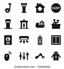 16 vector icon set : segway, airport tower, smart house, detector, baggage checking, inspector, passport, air conditioning, remote control, power switch