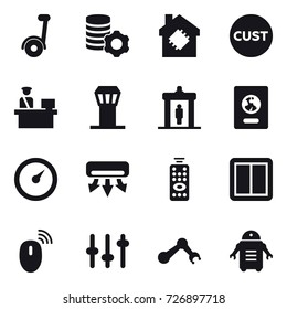 16 vector icon set : segway, virtual mining, smart house, airport tower, detector, passport, barometer, air conditioning, remote control, power switch