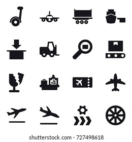 16 vector icon set : segway, baggage checking, ticket, airplane, departure, arrival, wheel