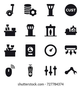 16 vector icon set : segway, virtual mining, airport tower, detector, baggage checking, inspector, passport, barometer, air conditioning