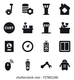 16 vector icon set : segway, virtual mining, airport tower, smart house, inspector, passport, barometer, remote control, power switch