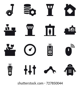 16 vector icon set : segway, virtual mining, airport tower, smart house, detector, baggage checking, inspector, barometer, remote control