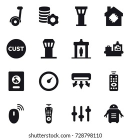 16 vector icon set : segway, virtual mining, airport tower, smart house, detector, baggage checking, passport, barometer, air conditioning, remote control