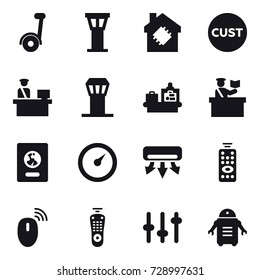 16 vector icon set : segway, airport tower, smart house, baggage checking, inspector, passport, barometer, air conditioning, remote control