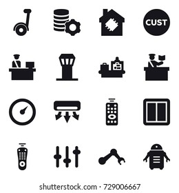16 vector icon set : segway, virtual mining, smart house, airport tower, baggage checking, inspector, barometer, air conditioning, remote control, power switch
