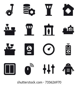 16 vector icon set : segway, virtual mining, airport tower, smart house, detector, baggage checking, inspector, passport, barometer, remote control, power switch