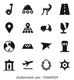16 vector icon set : segway, lunar rover, greate wall, earth, taxi, deltaplane, airport tower, detector, departure, hawaiian wreath, handwheel