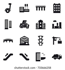 16 vector icon set : segway, store, bridge, building, skyscrapers, modern architecture, city, escalator, hotel, trash truck