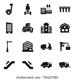 16 vector icon set : segway, hoverboard, store, bridge, skyscraper, modern architecture, building, house, outdoor light, escalator, trash truck, sweeper