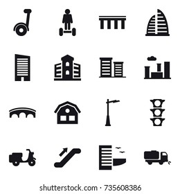 16 vector icon set : segway, hoverboard, bridge, skyscraper, building, district, city, house, outdoor light, escalator, hotel, sweeper