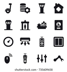 16 vector icon set : segway, virtual mining, airport tower, smart house, detector, baggage checking, passport, barometer, air conditioning, remote control, power switch