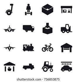 16 vector icon set : segway, hoverboard, box, gas station, plane, train, bike, garage, warehouse, pickup, tractor, car wash