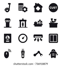 16 vector icon set : segway, virtual mining, smart house, airport tower, detector, baggage checking, inspector, passport, barometer, air conditioning, power switch