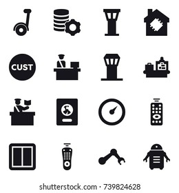 16 vector icon set : segway, virtual mining, airport tower, smart house, baggage checking, inspector, passport, barometer, remote control, power switch